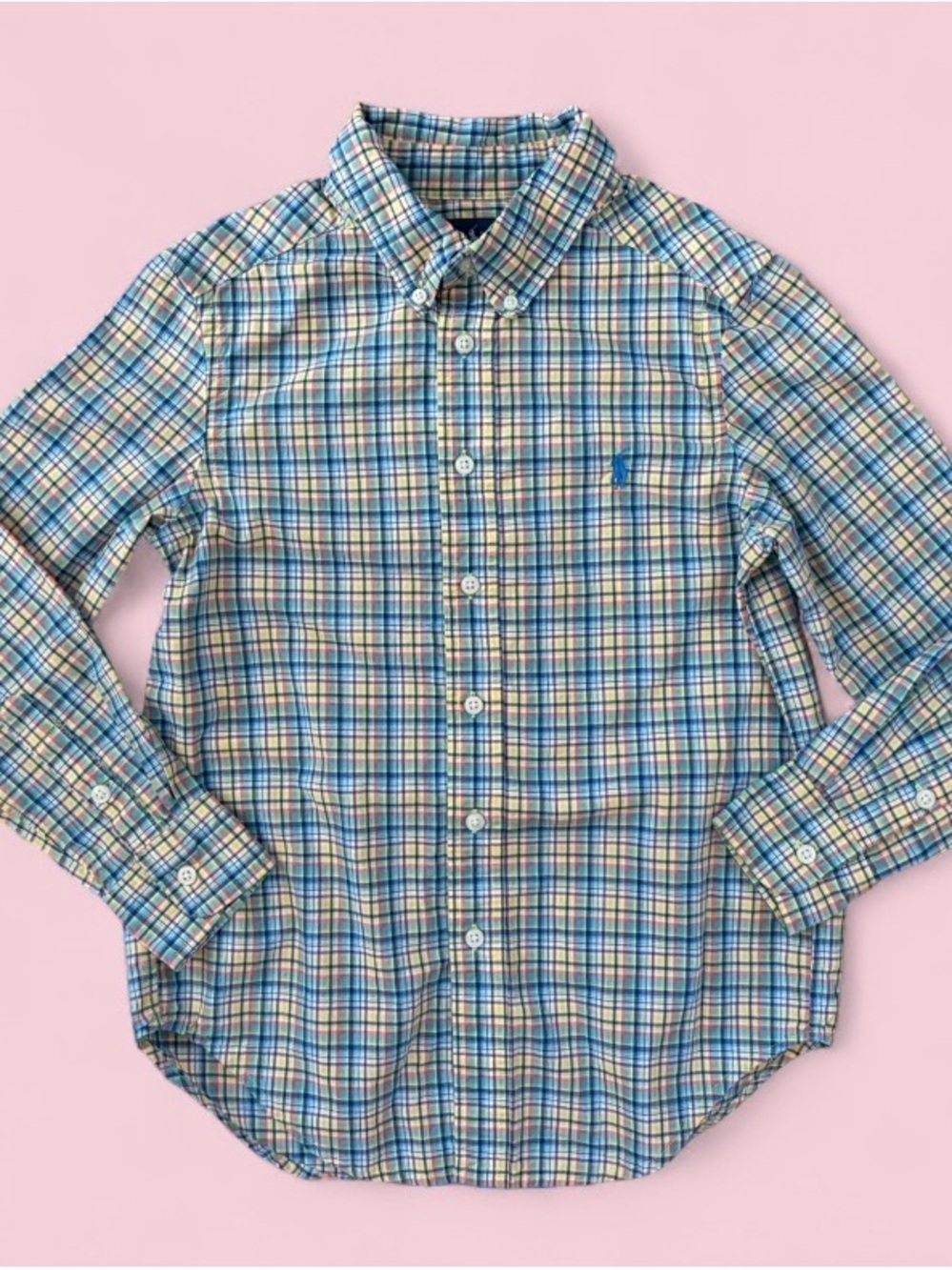 Ralph Lauren Boys Plaid Blue Green Yellow Button Front Shirt Size 8
